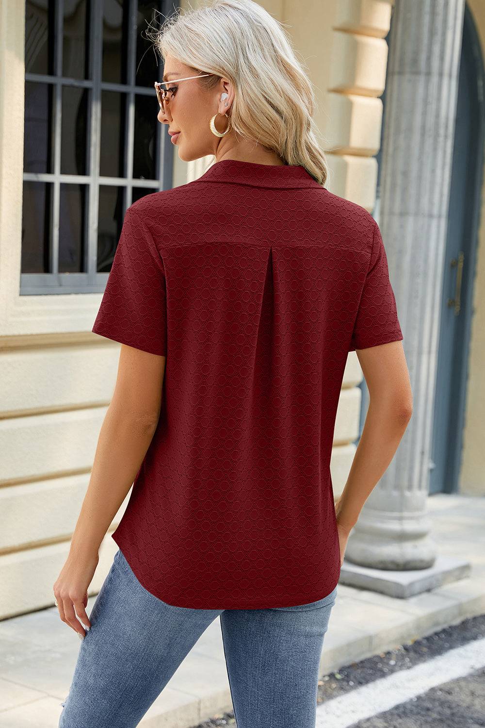 Pocketed Johnny Collar Short Sleeve Blouse Pocketed Johnny Collar Short Sleeve Blouse